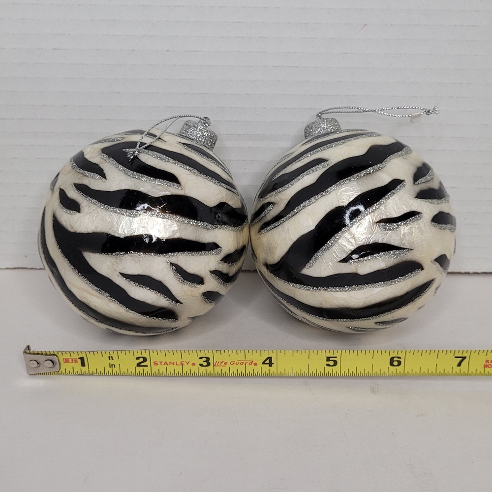 Cloisonne Style Zebra Pattern Christmas Ornaments 4" Ball Pearl & Silver Accents - Picture 8 of 9